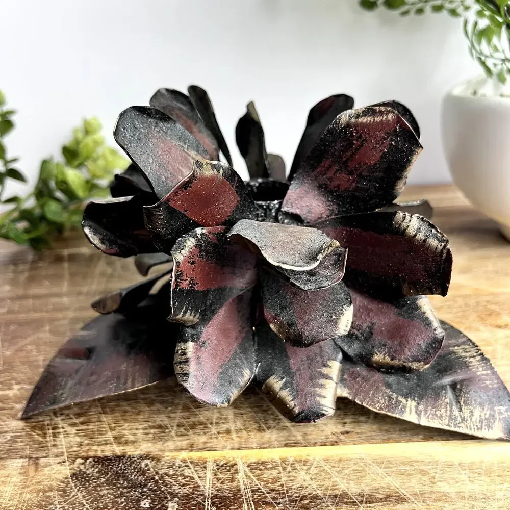 Rustic Metal Blooming Flower Pinecone Candle Holder Sculpture Handmade Weathered